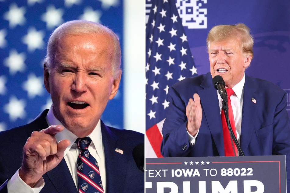 Donald Trump (r.) responded to criticism from President Joe Biden about his alleged attempts to overturn the results of the 2020 election during a recent rally in Iowa.