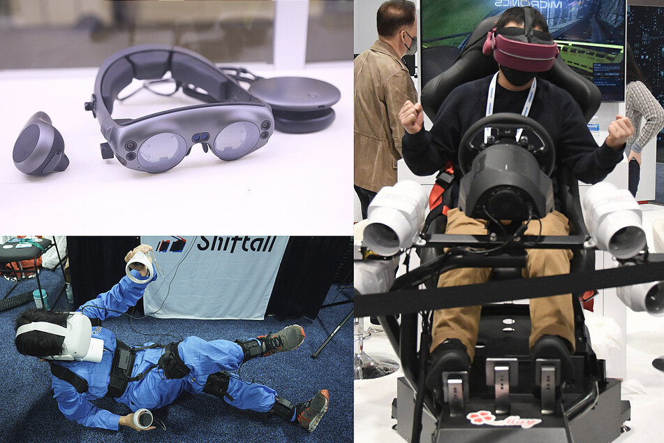 (Clockwise from top left:) Heru's health AR headset re:Vive, a VR rollercoaster setup, and a full-body VR sensor send users into an alternate world at CES.