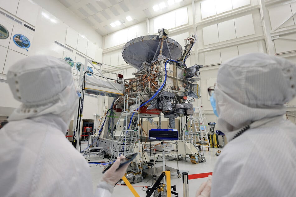 The Europa Clipper spacecraft is seen being built and tested at NASA's Jet Propulsion Laboratory in Pasadena, California.