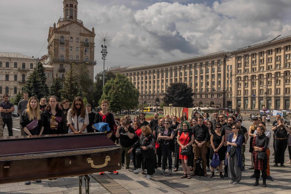 Mourners at the funeral of Daria Filipieva, a Ukrainian army combat medic who was killed in the Donetsk region, at the Independence Square in Kyiv on Saturday amid the Russian invasion of Ukraine.