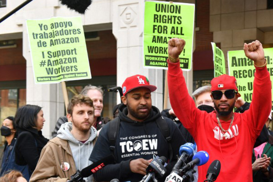 Amazon Labor Union organizers celebrate their historic union win in April 2022.