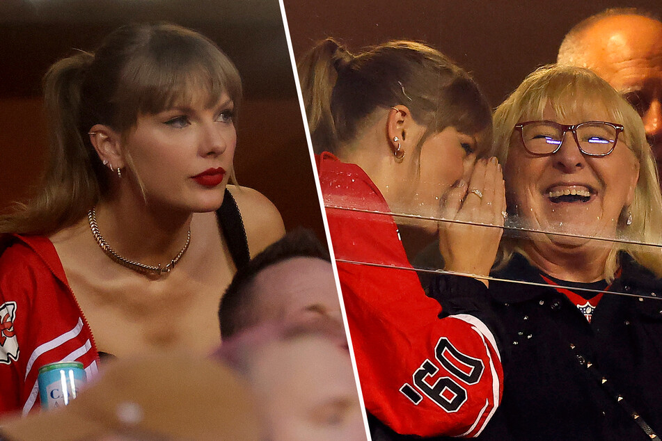 Taylor Swift (l.) attended Thursday's Chiefs-Broncos game as she cheered on Travis Kelce while sitting with his mom, Donna.