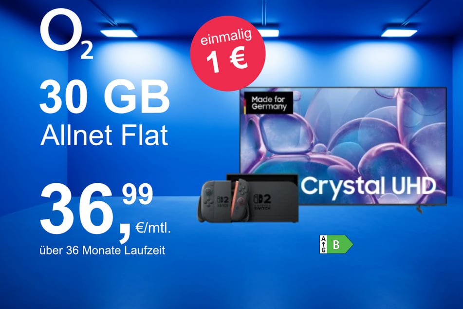 Der 50-Zoll Samsung TV (GU50U7079FUXZG) + Nintendo Switch 2 im o2 Mobile M für einmalig nur 1 Euro.