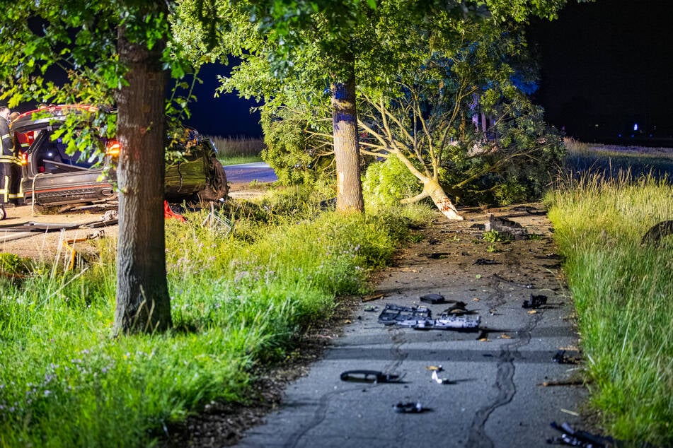Ein abgebrochener Baum macht deutlich, welche Kräfte bei dem schweren Unfall gewirkt haben müssen.