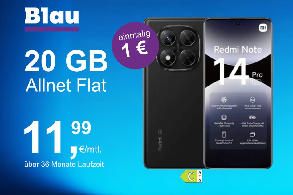 Das Xiaomi Redmi Note 14 Pro im Blau Allnet M für einmalig 1 Euro.