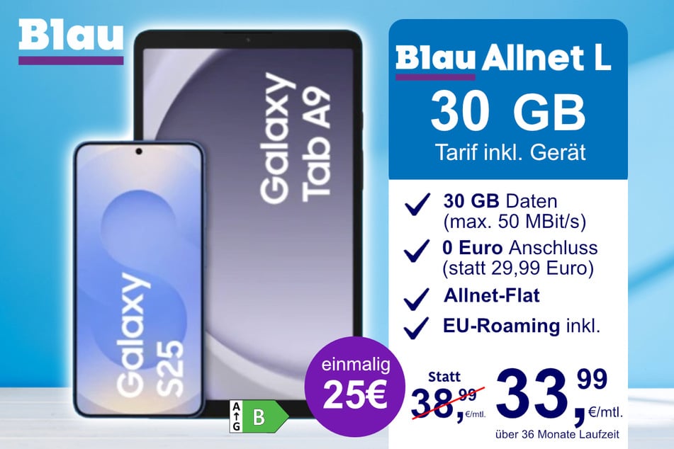Das Samsung Galaxy S25 + Galaxy Tab A9 im Blau Allnet L für einmalig 25 Euro.