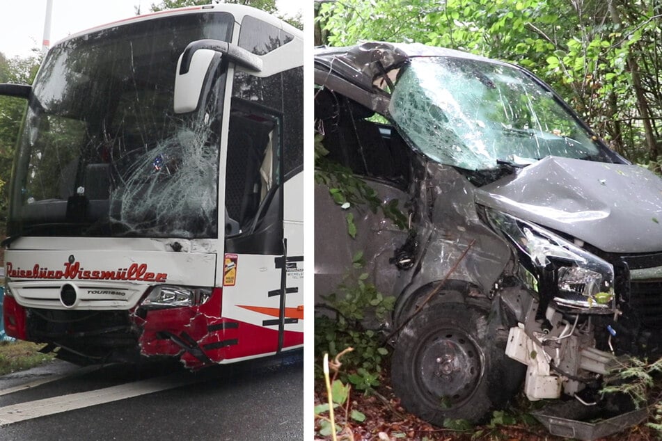 Reisebus und Kleinbus kollidieren: Mehrere Schwerverletzte