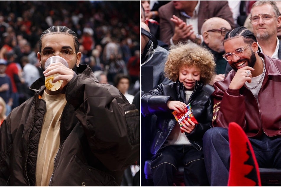 Drake and son Adonis are all Skittles and smiles while chilling courtside