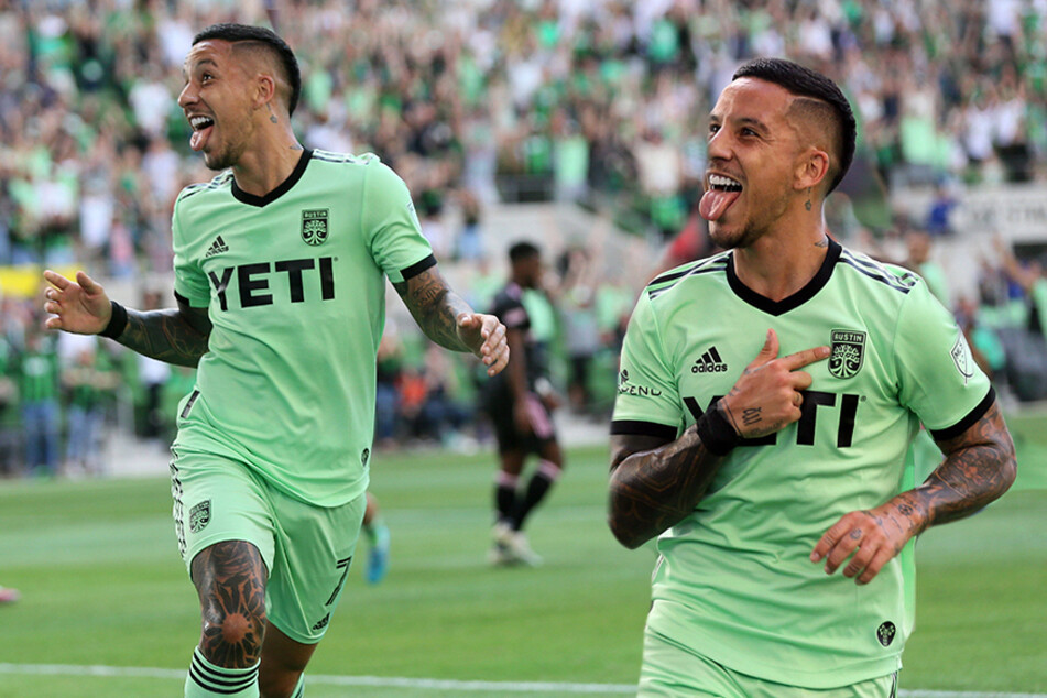 Austin FC player Sebastián Driussi celebrates after one of his two goals during the club's match against Inter Miami CF on Sunday in Austin, Texas.