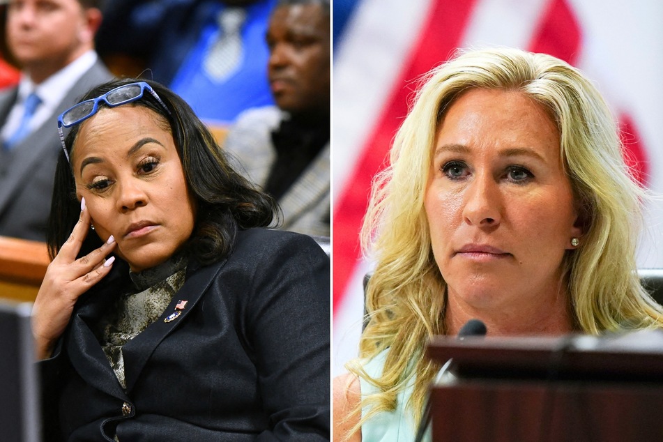 Congresswoman Marjorie Taylor Greene (r.) made shocking claims in a complaint filed against Georgia District Attorney Fani Willis (l.) on Wednesday.