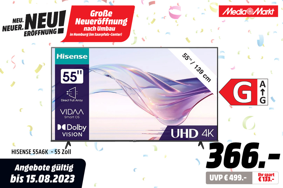 55-Zoll Hisense-Fernseher für 366 statt 499 Euro.