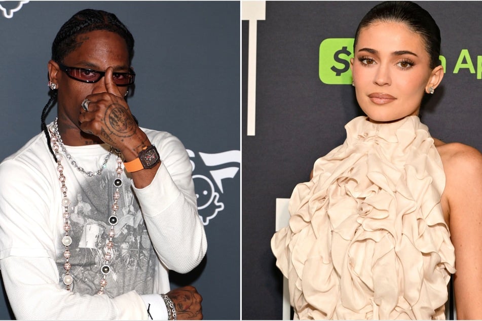 Kylie Jenner and Travis Scott (l.) had a brief reunion for their kids' birthday party.
