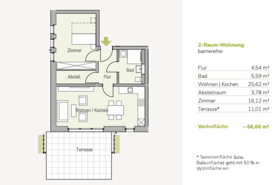Einblick in den Grundriss einer kompakten 2-Raumwohnung im Erdgeschoss