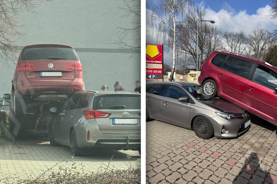 Auf einem Parkplatz war ein VW rückwärts auf einen geparkten Toyota gerutscht.