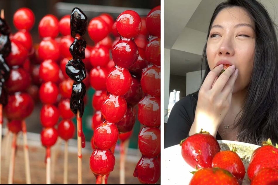 Cooking influencer Jasmine and Tea demonstrates how she heats sugar water in the microwave and dips fruit into it.