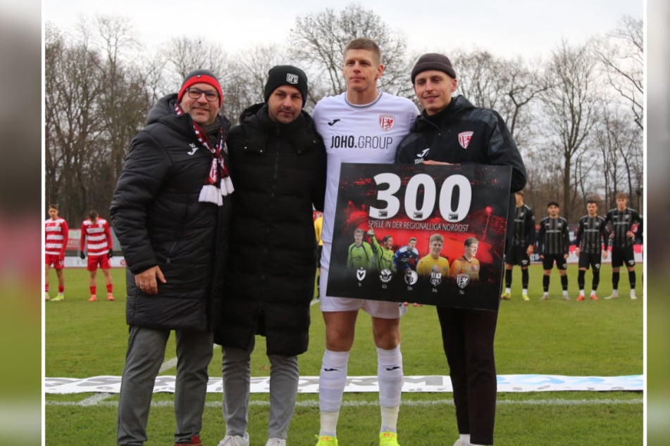 Der ehemalige Chemnitzer und heutige Greifswalder Torhüter Jakub Jakubov wurde vor dem Anpfiff für sein 300. Spiel in der Regionalliga Nordost geehrt.