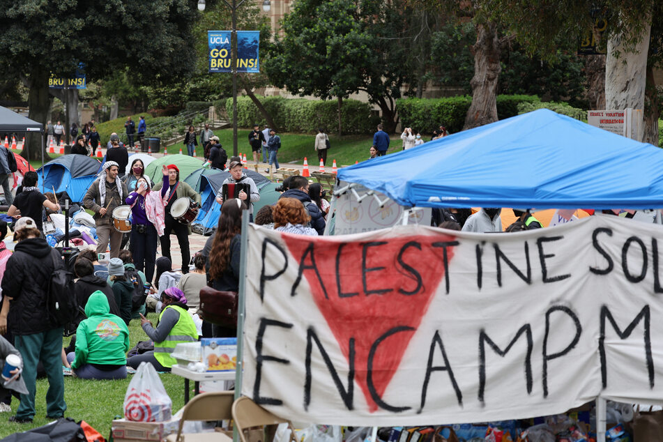 Students gather at a Gaza solidarity encampment as they protest in support of Palestinian liberation at the University of California, Los Angeles.