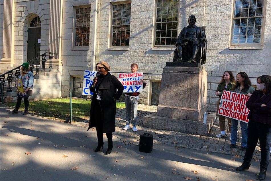 Ayanna Pressley speaking at the rally in support of wage increases for essential workers at Harvard University.