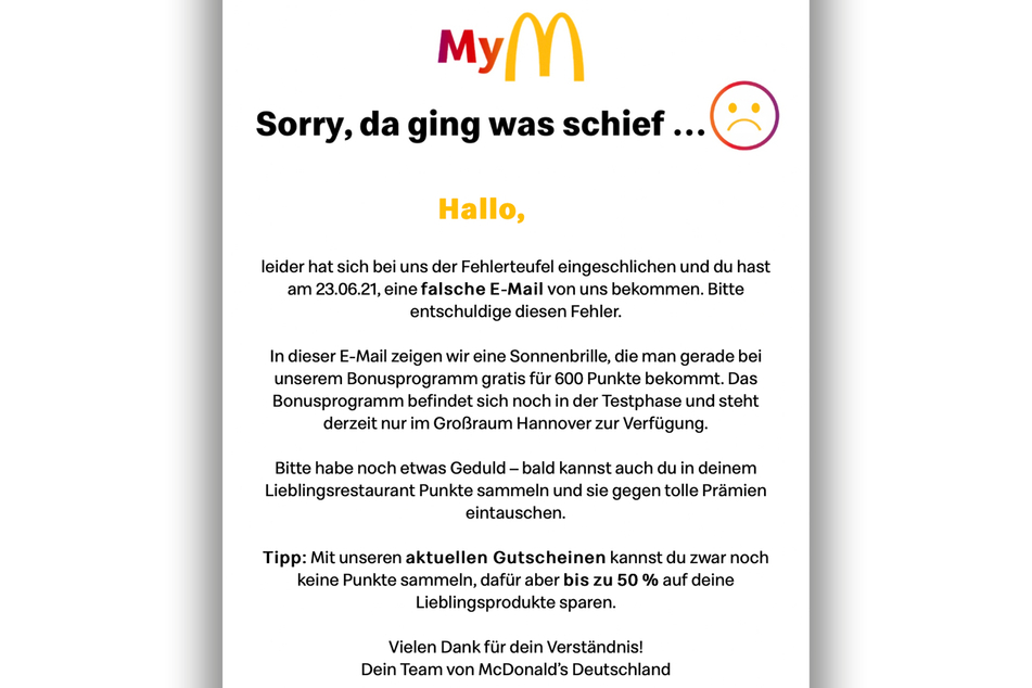 McDonald's entschuldigte sich für den voreiligen Versand der "My McDonald's"-Mitglieder-E-Mail.