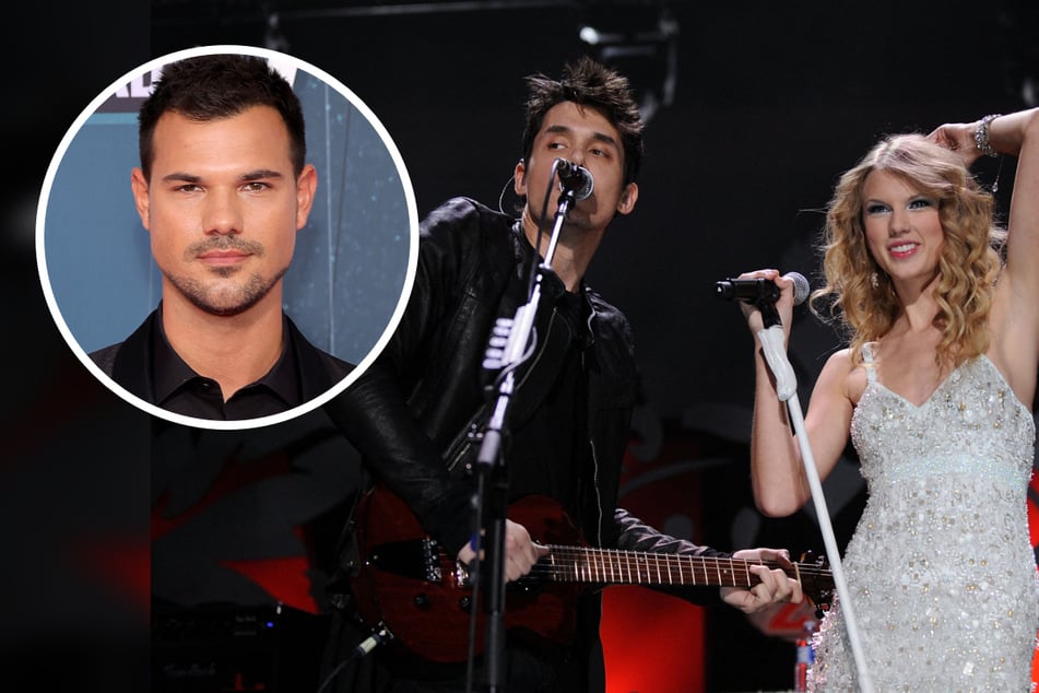 Taylor Lautner (l) hilariously warned John Mayer (c) ahead of the release of Taylor Swift's Speak Now (Taylor's Version).
