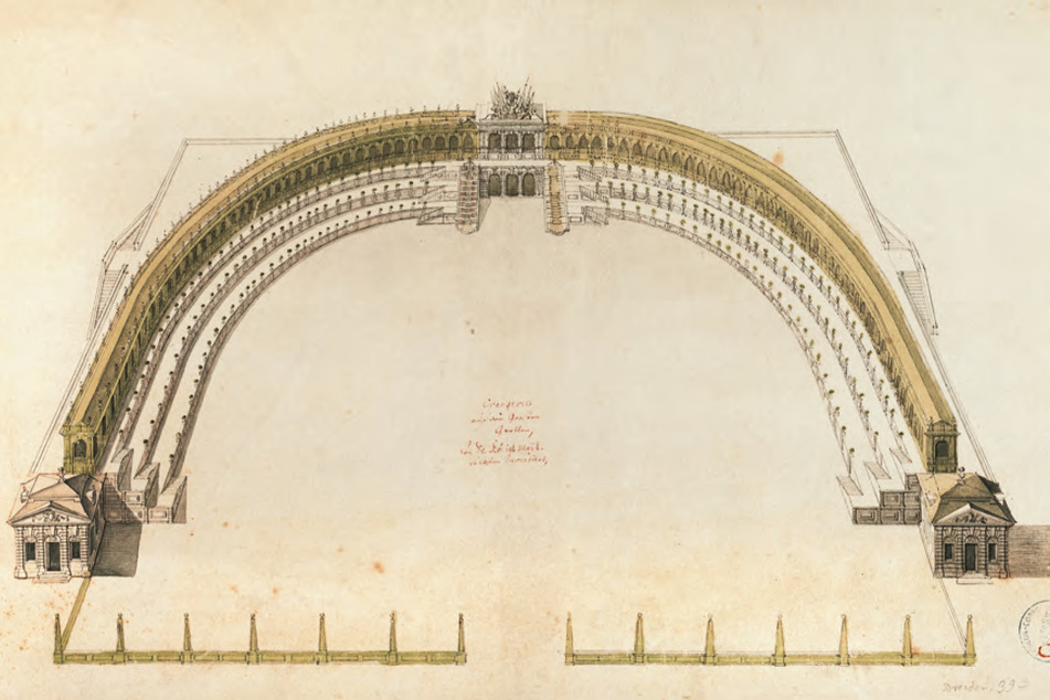 Diese Federzeichnung zeigt einen Entwurf für eine Orangerie im Großen Garten um 1710, wird dem Gartengestalter Friedrich Karcher (1650-1726) zugeschrieben.