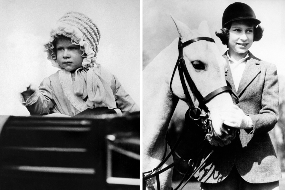 Princess Elizabeth, the future Queen Elizabeth II, photographed at two-years-old (l.) and in 1939 with her white pony.
