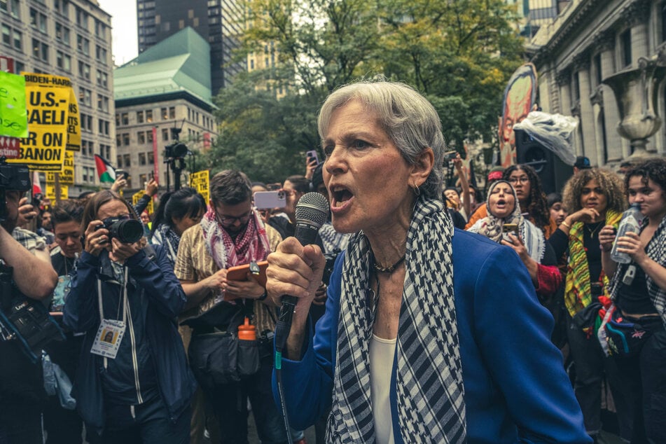 Green Party presidential nominee Dr. Jill Stein speaks at a rally outside the New York Public Library branch on Fifth Avenue calling for the arrest of Israeli Prime Minister Benjamin Netanyahu.