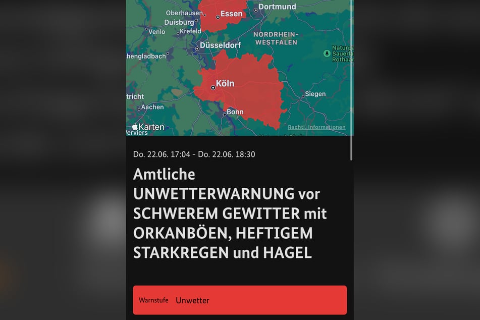 Die NINA-App warnte User am Nachmittag vor erneut aufziehendem Regen im Raum Köln und Bonn sowie im Ruhrgebiet ab 18 Uhr.