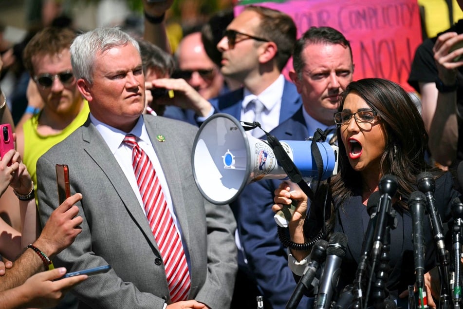 Rep. Lauren Boebert (r.) speaking during a visit to the pro-Palestinian student protest encampment at George Washington University in Washington, DC on Wednesday.