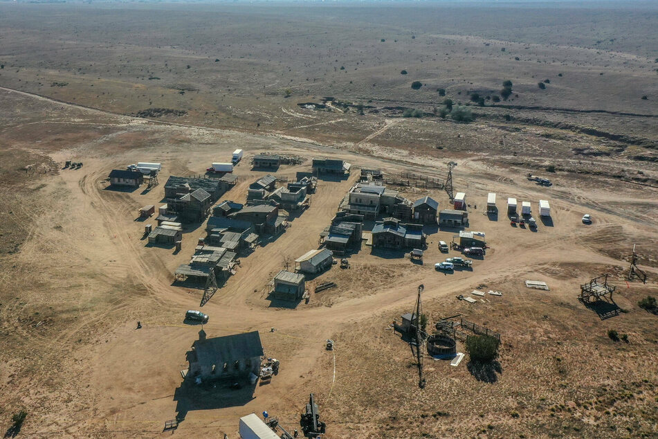 A bird's-eye view of the Rust movie set at Bonanza Creek Ranch where the fatal shooting took place.