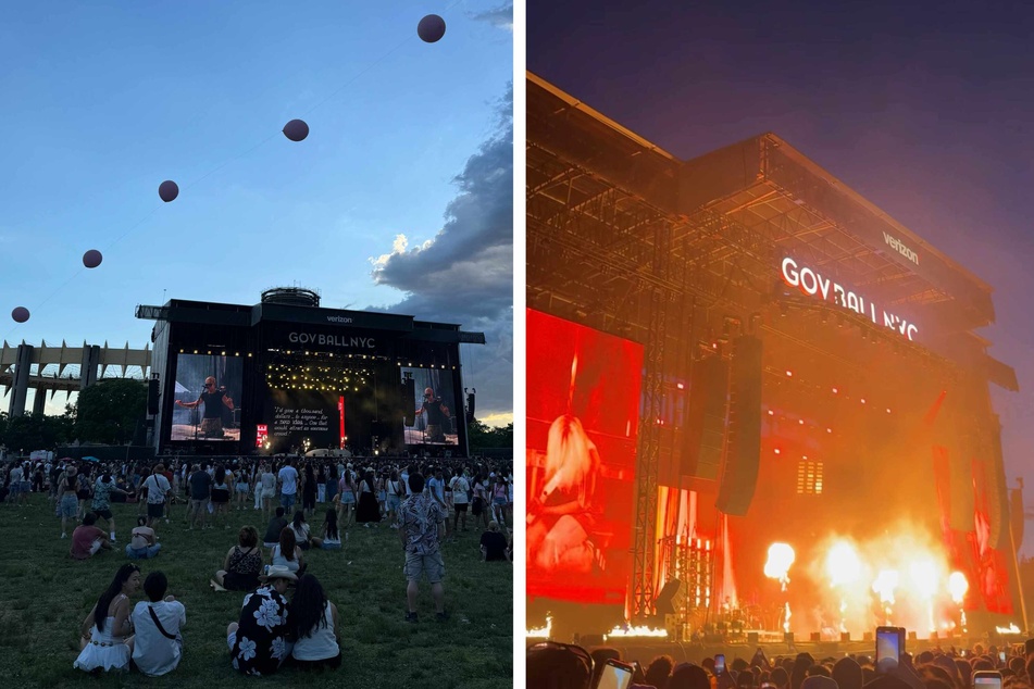 Sunset over Gov Ball NYC (l.). Post Malone headlined Friday night (r.), turning up the heat with pyrotechnics.