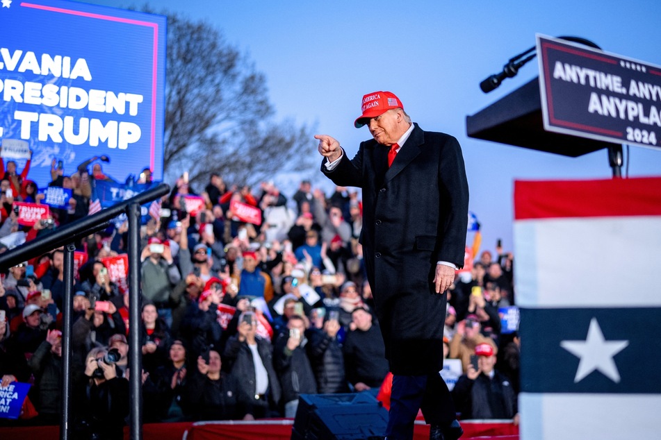 Donald Trump arriving for a rally in Schnecksville, Pennsylvania on April 13, 2024.