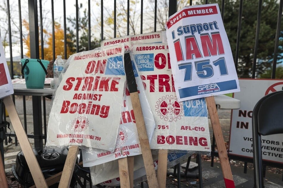 Pro-union signs are pictured outside the Boeing Renton Production Facility in Washington.