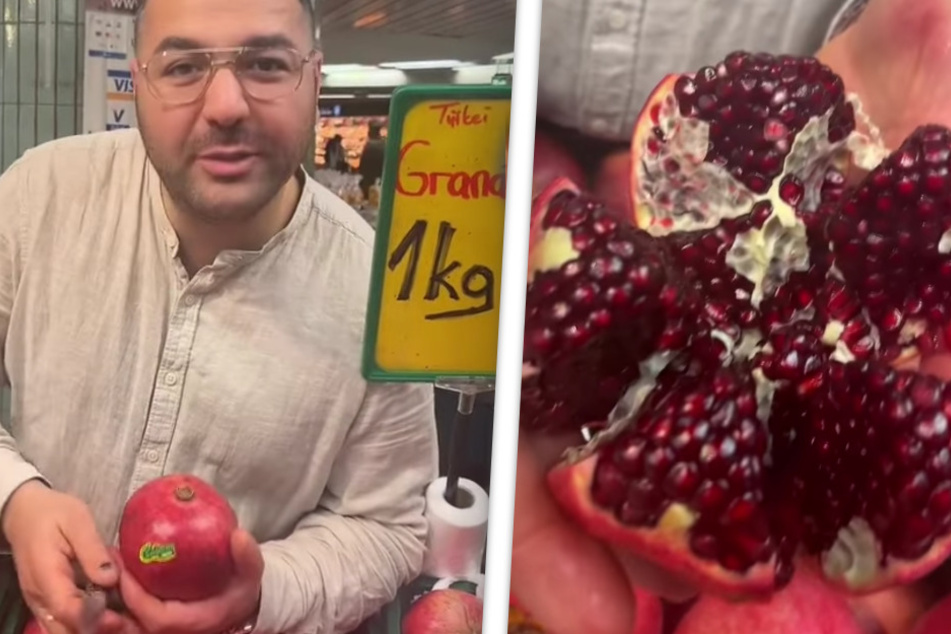 In einem kurzen Video erklärt der Verkäufer des Obststandes an der Frankfurter Hauptwache, wie man richtig mit einem Granatapfel umgeht.