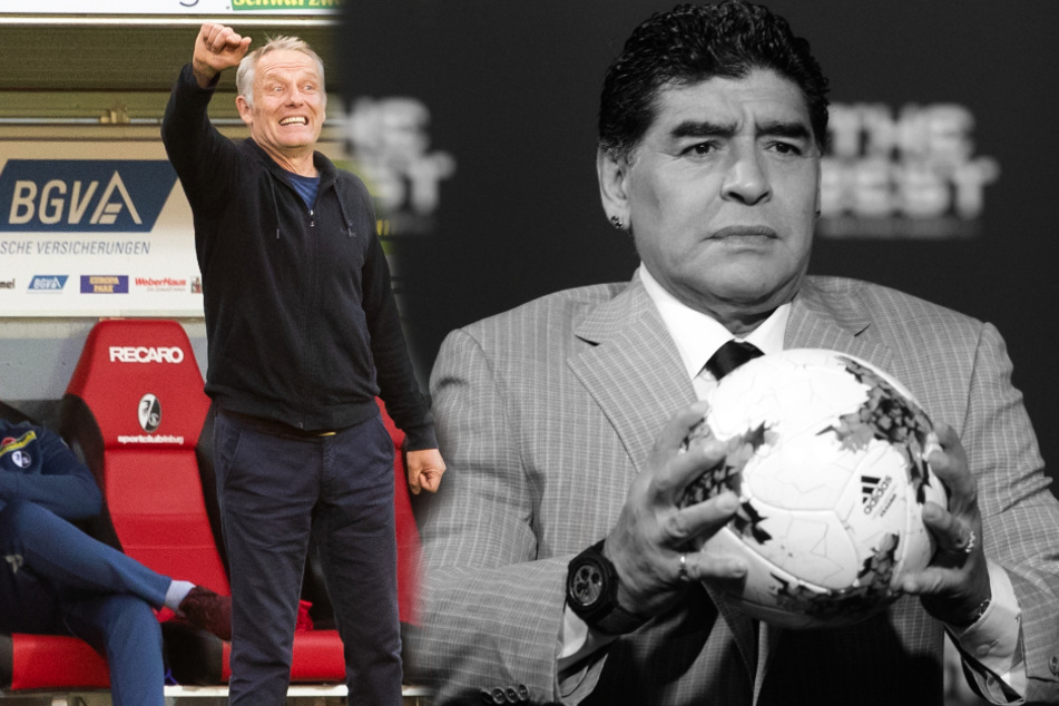 Freiburgs Trainer Christian Streich (55, links im Bild) hat die argentinische Fußball-Legende Diego Maradona (†60) nach dessen Tod in den höchsten Tönen gewürdigt. (Fotomontage)