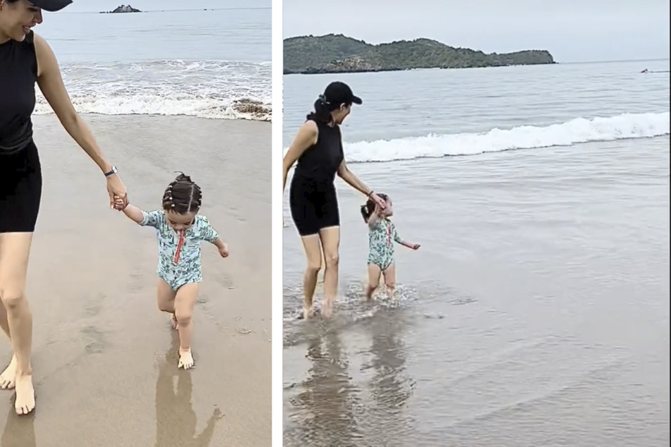 Marlene Luviano ließ sich von ihrem Vater mit ihrer kleinen Tochter am Strand filmen - ahnungslos, was sich im Hintergrund abspielte.