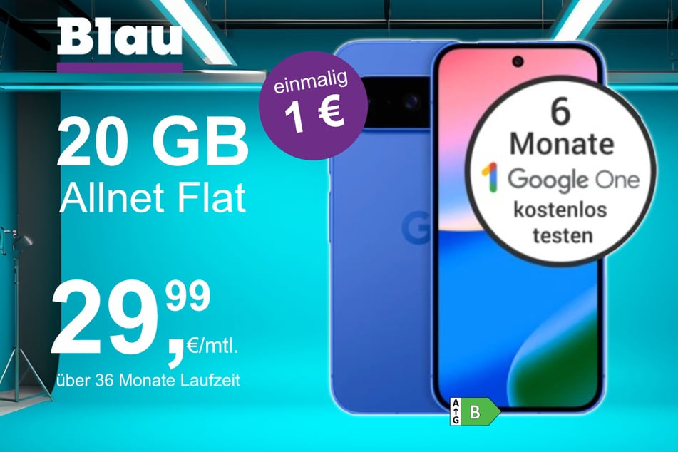 Das Google Pixel 10 im Blau Allnet M für einmalig 1 Euro.