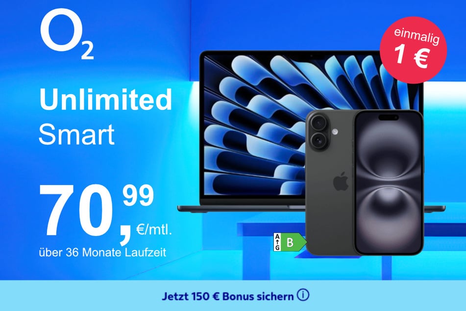 Das iPhone 16 + MacBook Air 13 im o2 Mobile Unlimited Smart für einmalig 1 Euro.