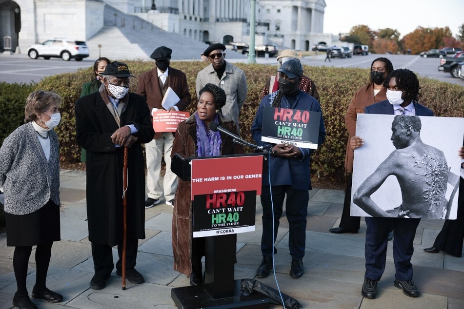 Texas Rep. Sheila Jackson Lee, primary sponsor of HR 40, speaks on the need for reparations at a press conference on Capitol Hill.