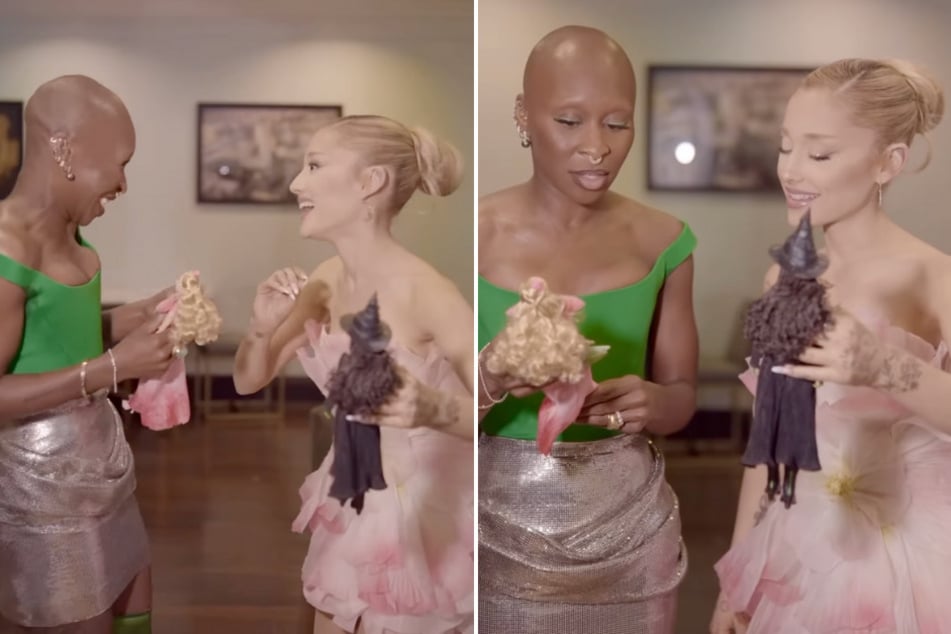 Ariana Grande (r.) and Cynthia Erivo couldn't hold in their joy after seeing their Glinda and Elphaba Wicked dolls!