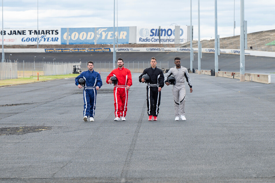 (From l. to r.) Jeremy, Austin, Aaron, and Hakeem hit the racetrack for the second group date of Monday's episode.