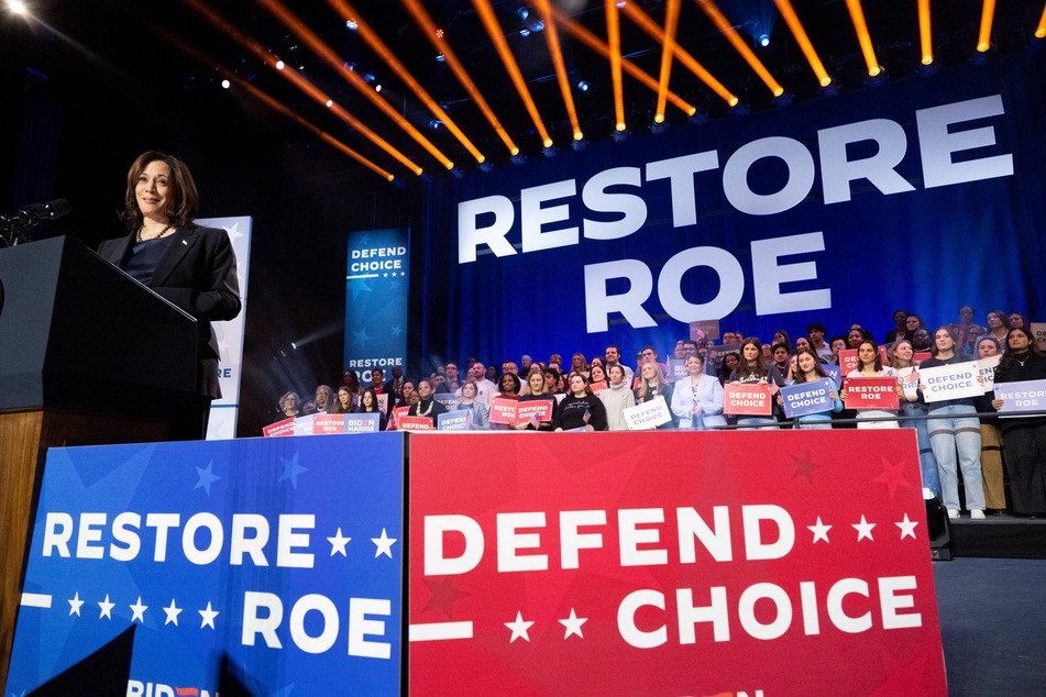 Vice President Kamala Harris speaks during a campaign rally to Restore Roe at Hylton Performing Arts Center in Manassas, Virginia, on January 23, 2024.