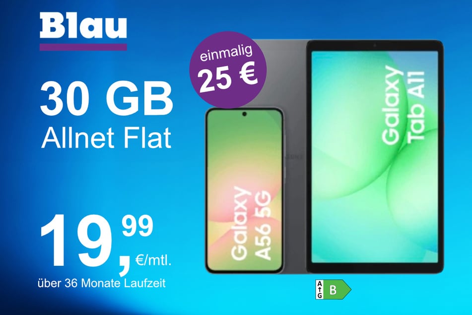 Das Samsung Galaxy A56 + Tab A11 im Blau Allnet L für einmalig 25 Euro.