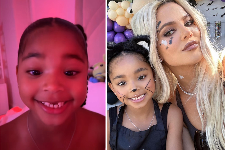 Khloé Kardashian (r) shared an adorable clip of her daughter, True, explaining how she recently lost her front tooth.