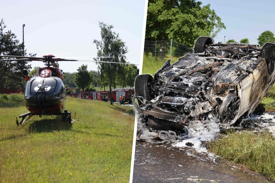 Verfolgungsjagd endet in heftigem Crash: Fluchtauto überschlägt sich und brennt aus