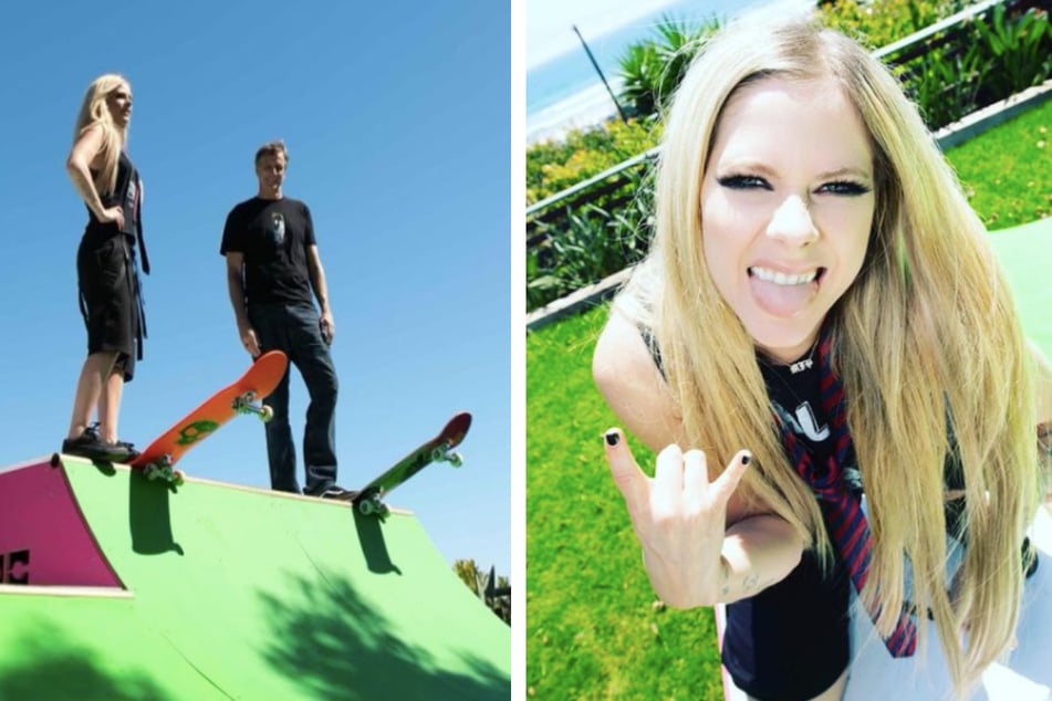 Totally 2000s! Avril Lavigne drops a new TikTok with skateboarding legend Tony Hawk (l).