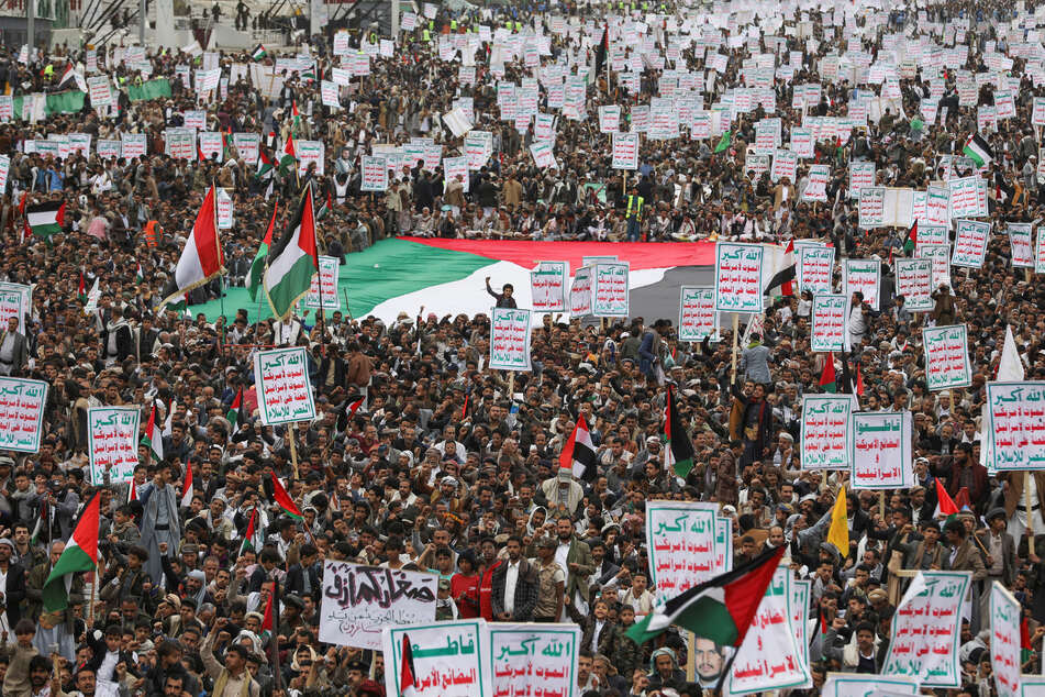 Demonstrators in Sanaa, Yemen, rally in support of Palestinians in the Gaza Strip.
