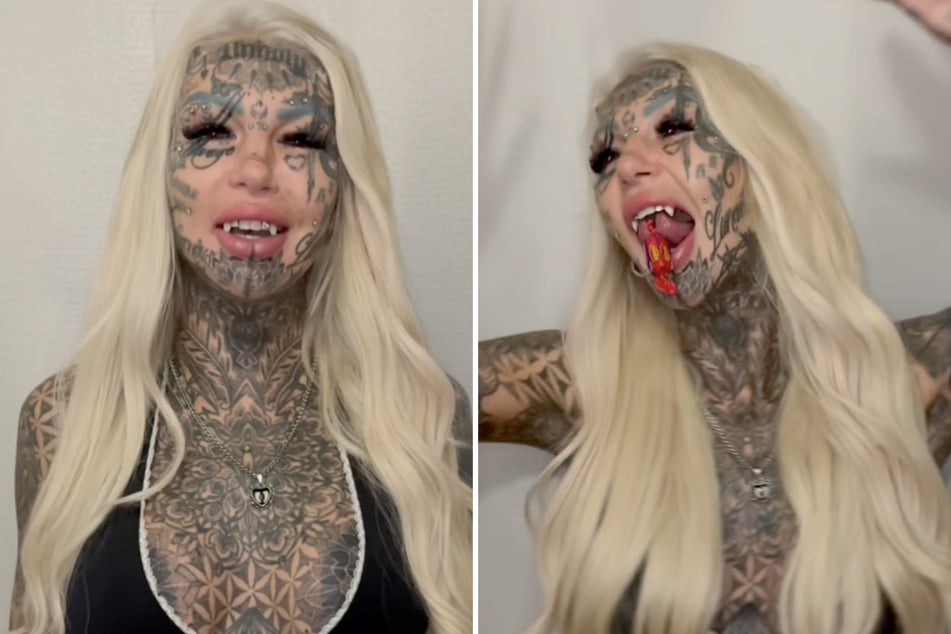 Body mod addicted adult star shows off what she can pick up with her split tongue