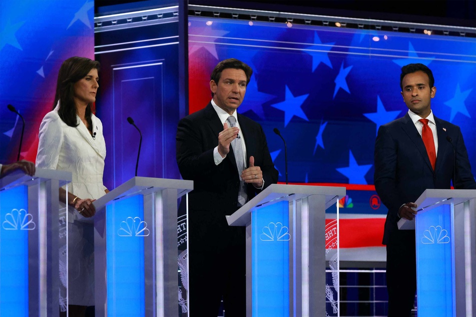 Republican presidential candidates (from l. to r.) Nikki Haley, Ron DeSantis, and Vivek Ramaswamy during the third 2023 Republican Presidential Debate at the Adrienne Arsht Center for the Performing Arts.