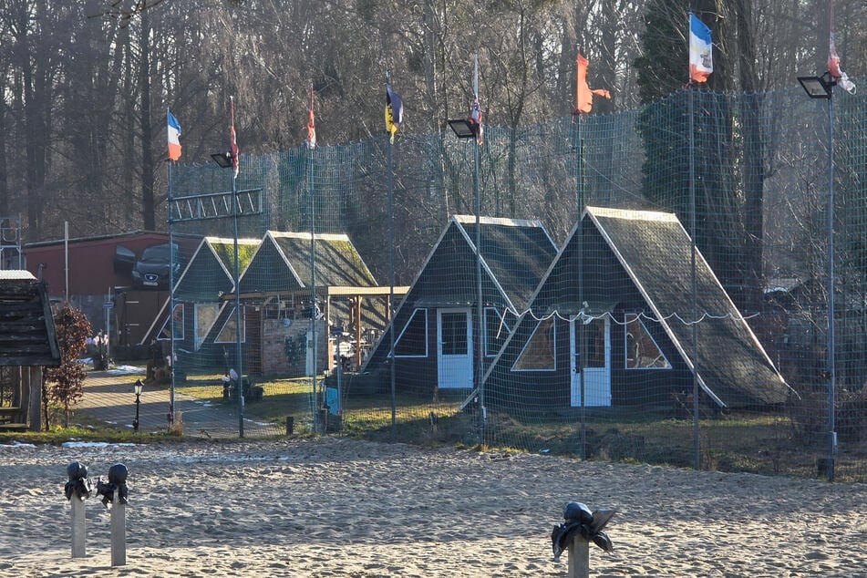 Beachvolleyball, Finnhütten und viel Natur: Das Feriendorf liegt in direkter Nähe zur Dresdner Heide (Hintergrund).